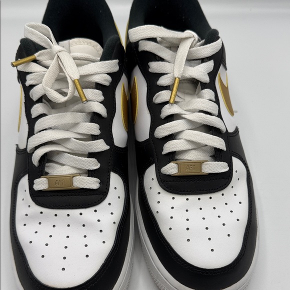 Nike Air Force 1 White and Black Sneakers with Gold Accents - Picture 2 of 7
